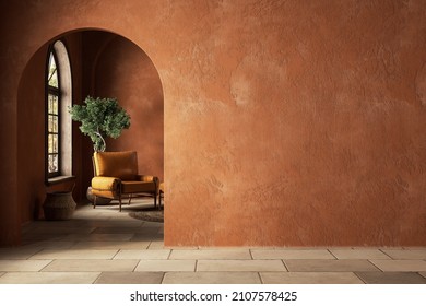 Orange Boho Style Interior With Blank Wall And Decor. 3d Render Illustration Mockup.