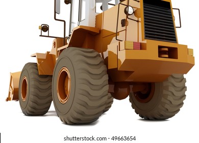 Orange Bulldozer On Wheels Isolated On White. Back View