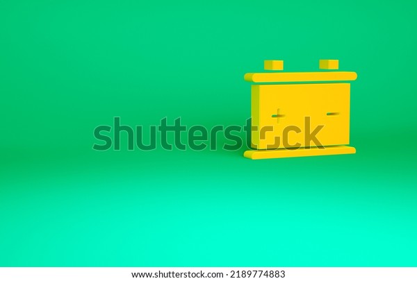 Orange Car battery\
icon isolated on green background. Accumulator battery energy power\
and electricity accumulator battery. Minimalism concept. 3d\
illustration 3D\
render.