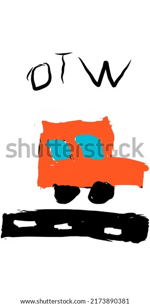 Orange car on\
the way illustration. hand drawn.\
