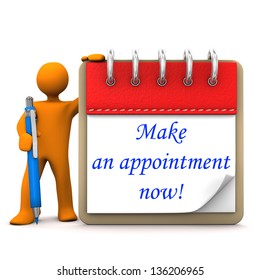 Orange Cartoon Character With Ballpen, Notepad And Blue Text Make An Appointment Now.