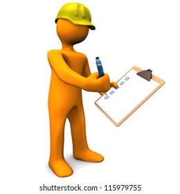 Orange cartoon character with clipboard and yellow helmet. White background.