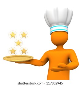 Orange Cartoon Character As Five-star Chef With Golden Stars. White Background.