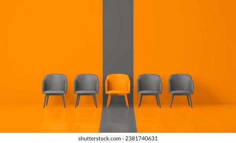 Orange Chair That Stands Out From the Grey Chairs Crowd on a Orange Gray Background. Business concept. 3D Render Illustration. - Powered by Shutterstock