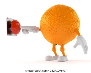 Orange character pushing button isolated on white background. 3d illustration