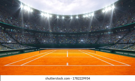 Orange clay tennis court and illuminated outdoor arena with fans, upper front view, professional tennis sport 3d illustration background.