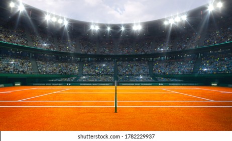Orange clay tennis court and illuminated outdoor arena with fans, referee side view, professional tennis sport 3d illustration background.
