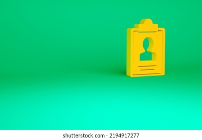 Orange Clipboard With Resume Icon Isolated On Green Background. CV Application. Curriculum Vitae, Job Application Form With Profile Photo. Minimalism Concept. 3d Illustration 3D Render.