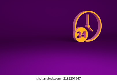 Orange Clock 24 Hours Icon Isolated On Purple Background. All Day Cyclic Icon. 24 Hours Service Symbol. Minimalism Concept. 3d Illustration 3D Render.