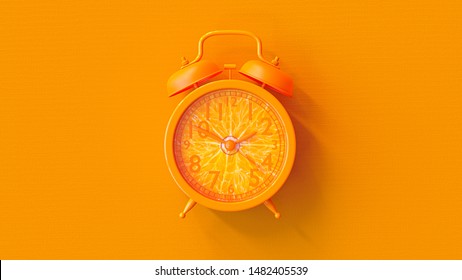 Orangefarbene Uhr. Minimales Ideenkonzept, 3D Render.