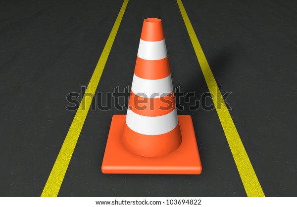 Orange\
closeup Safety Traffic Cones on an asphalt\
road