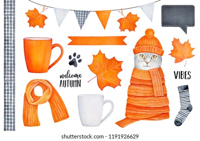 Orange color collection of various Autumn seasonal elements: cosy coffee mugs, party garland, beautiful maple leaves, text lettering, pet character, soft wool knitted clothes. Watercolour drawing.