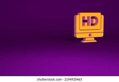 Orange Computer PC Monitor Display With HD Video Technology Icon Isolated On Purple Background. Minimalism Concept. 3d Illustration 3D Render.