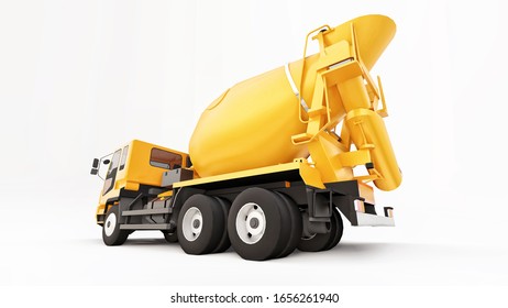 Orange Concrete Mixer Truck White Background. Three-dimensional Illustration Of Construction Equipment. 3d Rendering.