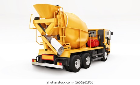 Orange Concrete Mixer Truck White Background. Three-dimensional Illustration Of Construction Equipment. 3d Rendering.