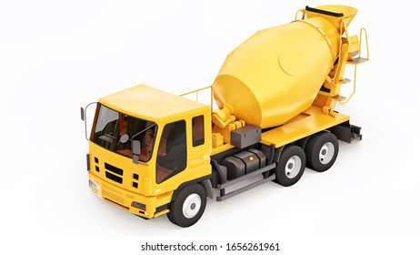 Orange Concrete Mixer Truck White Background. Three-dimensional Illustration Of Construction Equipment. 3d Rendering.