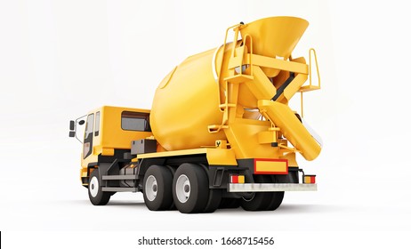 Orange concrete mixer truck white background. Three-dimensional illustration of construction equipment. 3d rendering.
