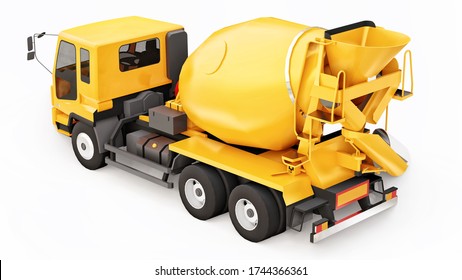 Orange Concrete Mixer Truck White Background. Three-dimensional Illustration Of Construction Equipment. 3d Rendering.