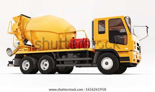 Orange concrete mixer truck white background.\
Three-dimensional illustration of construction equipment. 3d\
rendering.