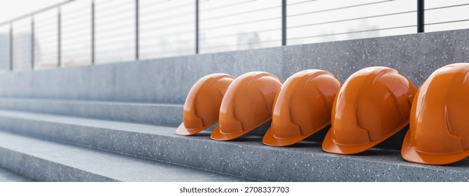 Orange construction helmets lined up on concrete steps, realistic graphic style, urban outdoor background, concept of teamwork and safety. 3D Rendering