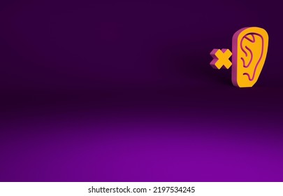 Orange Deafness Icon Isolated On Purple Background. Deaf Symbol. Hearing Impairment. Minimalism Concept. 3d Illustration 3D Render.