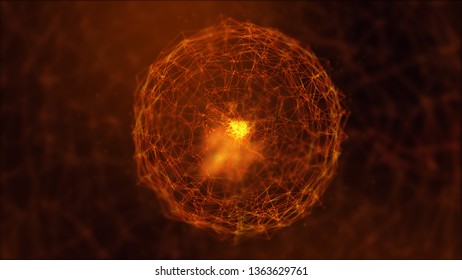 Orange Digital Data System Nodes, Abstract, Spheres And Connection Paths Fire Heat Hot, 3D Illustration Rendering.