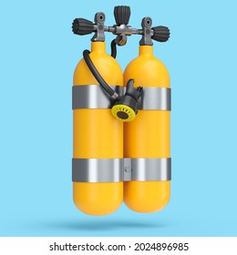 Orange diving tanks or balloons full oxygen for snorkeling isolated on a blue background. 3d render of scuba diving and sport equipment for summer holidays