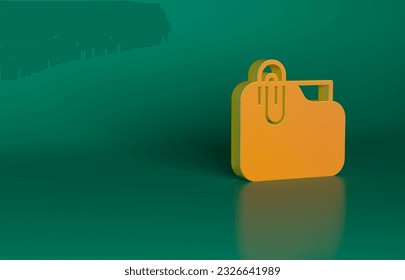 Orange Document folder with paper clip icon isolated on green background. Accounting binder symbol. Bookkeeping management. Minimalism concept. 3D render illustration.
