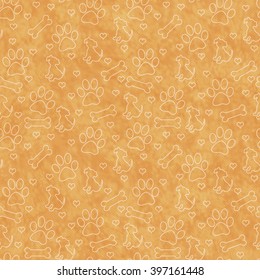 Orange Dog Paw Prints, Puppy, Bone And Hearts Tile Pattern Repeat Background That Is Seamless And Repeats