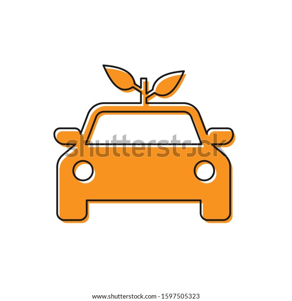 Orange Eco car concept drive\
with leaf icon isolated on white background. Green energy car\
symbol. 