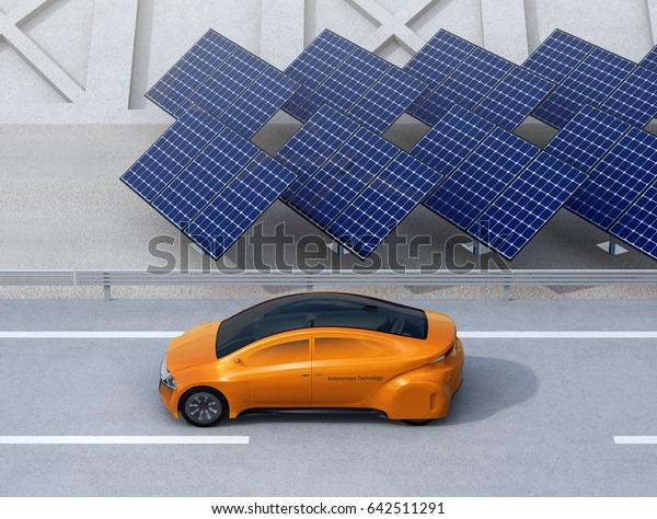 Orange electric car driving
on the highway.  Solar panel station on the roadside. 3D rendering
image.