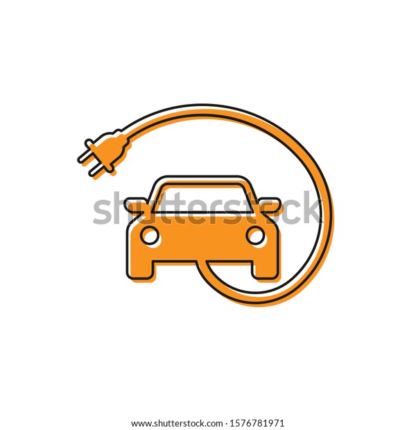 Orange\
Electric car and electrical cable plug charging icon isolated on\
white background. Renewable eco technologies.\
