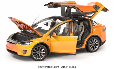 Orange electric car with open doors fenders, hood and trunk on a white background. 3d illustration