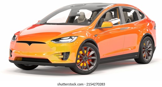 Orange Electric Car With Pearlescent Paint On A White Background. 3d Illustration