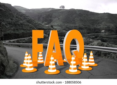 Orange Faq Symbol On A Countryside Road In <<remote Landscape Blocking The Way Like A Construction Site