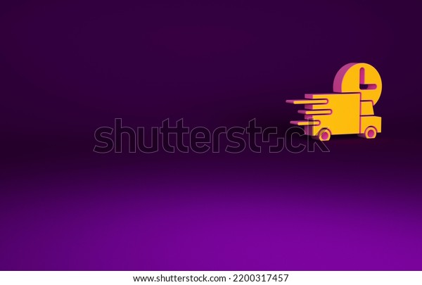 Orange Fast round the clock delivery by car icon\
isolated on purple background. Minimalism concept. 3d illustration\
3D render.