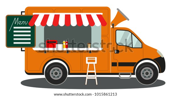 Orange food truck side view menu coffee\
white chair poster. Colorful illustration for certificate banner\
sticker, badge sign, stamp, logo, icon\
label.