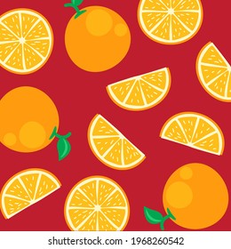 Orange Fruit Digital Wall Paper Pattern Over Dark Red Background. Summer Food Illustrations Pattern Suitable For Arts And Crafts Diy Project Activities. 