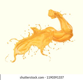 orange or Fruit juice splash in form of arm muscle. 3D illustration.