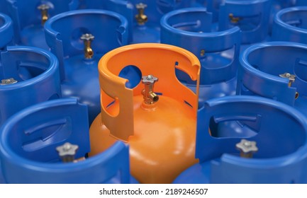 Orange Gas Cylinder Close-up Among Blue Cylinders, 3d Render