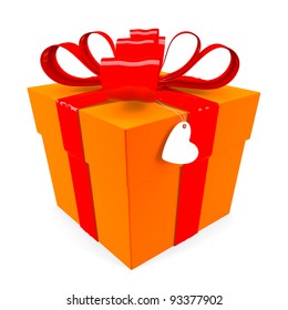 Orange Gift Box With Red Ribbon Bow & Heart Tag