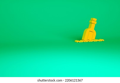 Orange Glass Bottle With A Message In Water Icon Isolated On Green Background. Letter In The Bottle. Pirates Symbol. Minimalism Concept. 3d Illustration 3D Render.