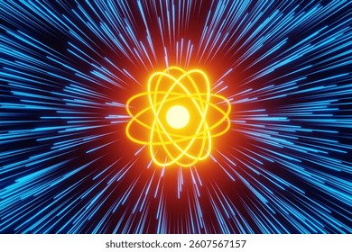 Orange glowing atom with a core and electron orbits emitting radial blue light rays on a black background. 3D illustration of the concept of quantum physics, qubit particles and chemical reactions