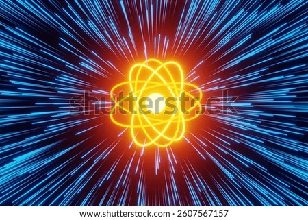 Orange glowing atom with a core and electron orbits emitting radial blue light rays on a black background. 3D illustration of the concept of quantum physics, qubit particles and chemical reactions