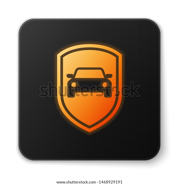 Orange glowing\
Car protection or insurance icon isolated on white background.\
Protect car guard shield. Safety badge vehicle icon. Security auto\
label. Black square\
button