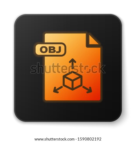 Orange glowing neon OBJ file document. Download obj button icon isolated on white background. OBJ file symbol. Black square button. 