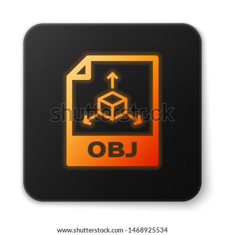Orange glowing OBJ file document icon. Download obj button icon isolated on white background. OBJ file symbol. Black square button
