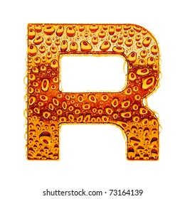 Orange gold alphabet symbol - letter R. Water splashes and drops on glossy metal. Isolated on white