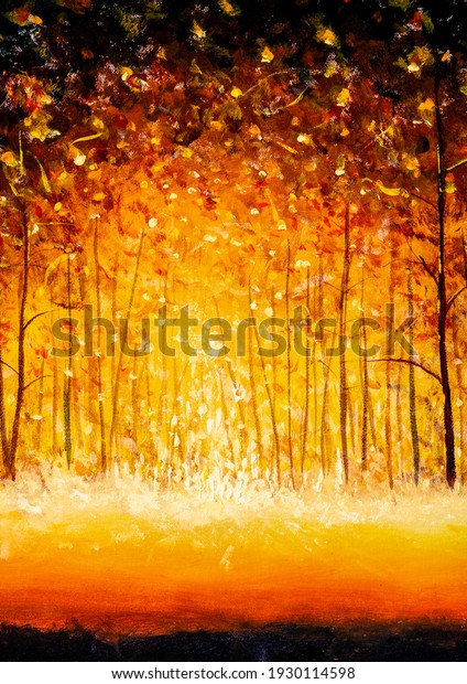Orange gold trees in\
park alley forest texture impressionism original oil painting art\
background\
landscape