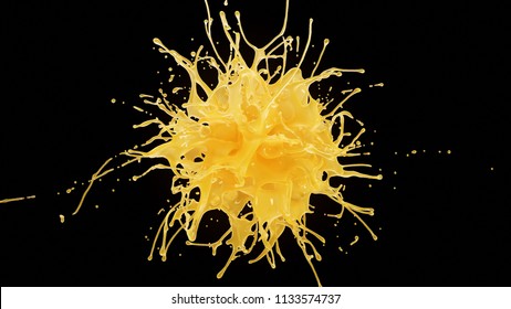 Orange or grapefruit juice explosion in slow motion. 3D illustration of fruit liquid drops splash isolated on black. 4K bright yellow and orange design element